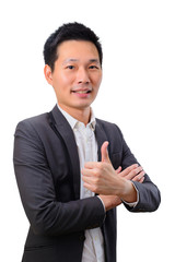 Young asian businessman with thumb up	