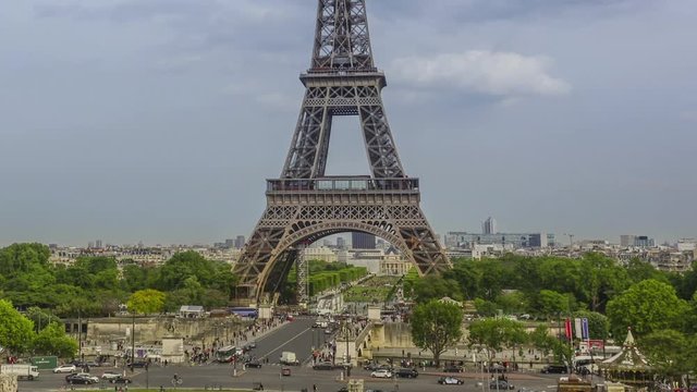 Overcast over the Eiffel Tower and Traffic. Time Lapse