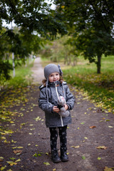 Fototapeta premium little girl walking in autumn park with a grey toy