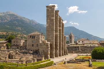 Ruins of the ancient Roman town Augusta Praetoria Salassorum in Aosta, Italy - obrazy, fototapety, plakaty
