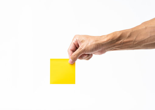 Man Hand Holding Yellow Post It On White Background