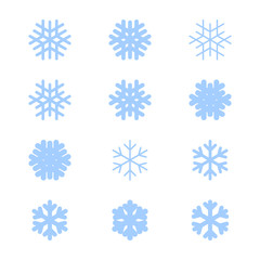 Snowflakes signs set. Blue Snowflake icons isolated on white background. Snow flake silhouettes. Symbol of snow, holiday, cold weather, frost. Winter design element. Vector illustration
