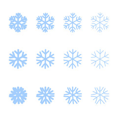 Snowflakes signs set. Blue Snowflake icons isolated on white background. Snow flake silhouettes. Symbol of snow, holiday, cold weather, frost. Winter design element. Vector illustration