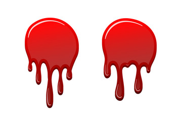 Blood drip 3D set. Drop blood isloated white background. Happy Halloween decoration design. Red splatter stain, splash spot, horror blot. Bleeding bloodstain texture. Liquid paint. Vector illustraton