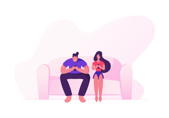 Happy Couple Sitting on Sofa with Smartphones. Young Man and Woman Relaxing at Home Together with Digital Devices. Social Network Communication, Gadget Addiction. Cartoon Flat Vector Illustration