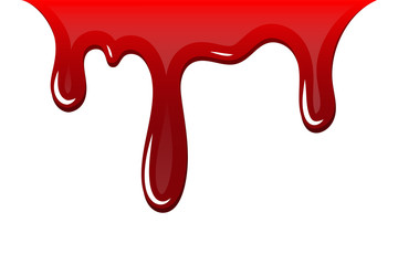 Blood drip 3D. Drop blood isloated white background. Happy Halloween decoration design. Red splatter stain splash spot, horror blot. Bleeding bloodstain scare texture. Liquid paint. Vector illustraton