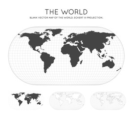 Map of The World. Eckert III projection. Globe with latitude and longitude lines. World map on meridians and parallels background. Vector illustration.