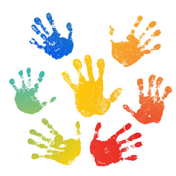 Hand rainbow print isolated on white background. Color child handprint. Creative paint hands prints. Happy childhood design. Artistic kids stamp, bright human fingers and palm. Vector illustration