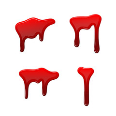 Blood drip 3D set. Drop blood isloated white background. Happy Halloween decoration design. Red splatter stain, splash spot, horror blot. Bleeding bloodstain texture. Liquid paint. Vector illustraton