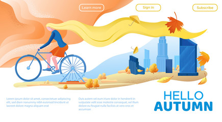 Girl on bicycle and autumn city landscape, yellow hair woman cycling, ferris wheel at the park, modern urban scenery with skyscrapers background, cartoon vector illustration, landing page template
