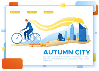 Fototapeta premium Autumn city view landscape, man cycling and ferris wheel at the park, modern urban scenery background, leaves fall, cartoon cityscape with bicycle, vector illustration, landing page template