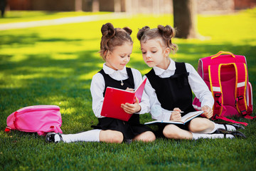 Fototapeta premium Two little school girls with pink backpack sitting on grass after lessons and read book or study lessons, thinking ideas, education and learning concept.