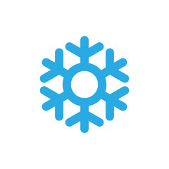 Snowflake icon. Blue silhouette snow flake sign, isolated on white background. Flat design. Symbol of winter, frozen, Christmas, New Year holiday. Graphic element decoration. Vector illustration