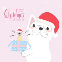 cute funny french bulldog with funny gift box for christmas banner card eps10 vector illustration