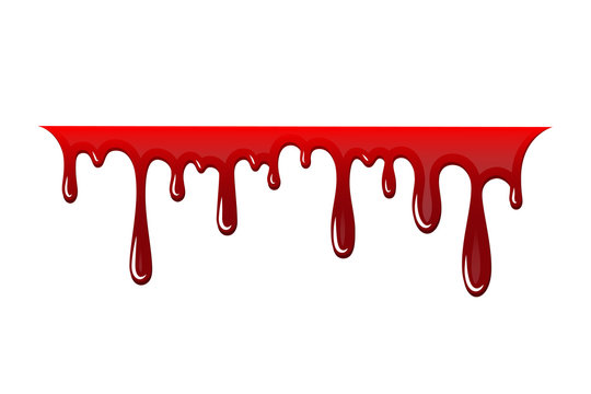 Blood drip 3D. Drop blood isloated white background. Happy Halloween decoration design. Red splatter stain, splash spot, horror blot. Bleeding bloodstain scare texture. Liquid paint Vector illustraton