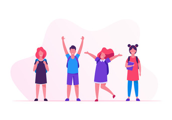 Naklejka premium Kids Pupils with Backpacks Rejoice with Hands Up Standing in Row. Group of Children Come to School to Get Education. Happy Crowd of Classmates Girls and Boys in Line Cartoon Flat Vector Illustration