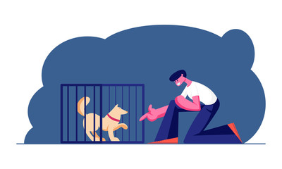 Guy Stretch Hand to Dog in Cage