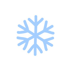 Snowflake icon. Blue silhouette snow flake sign, isolated on white background. Flat design. Symbol of winter, frozen, Christmas, New Year holiday. Graphic element decoration. Vector illustration