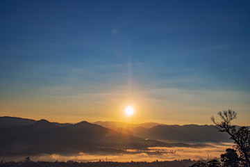 silhouette shot image of mountain and sunset sky in background.