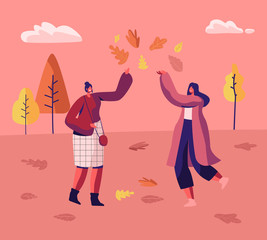 Couple of Women in Autumn Park Having Fun Walking Jumping on Puddles and Playing with Fallen Autumn Leaves among Colorful Trees. Fall Season Outdoor Activity, Leisure Cartoon Flat Vector Illustration