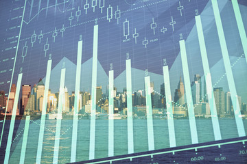 Forex chart on cityscape with skyscrapers wallpaper multi exposure. Financial research concept.