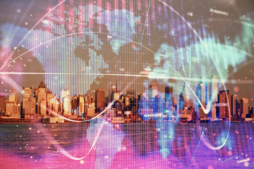 Double exposure of business theme hologram drawing and city veiw background. Concept of success.