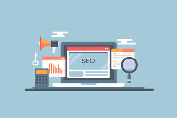 Seo service, digital marketing, website promotion, search ranking, keyword optimization, flat design vector banner template.