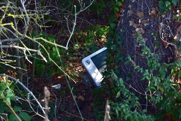 Electronic waste in a forest.