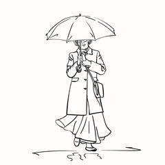 Sketch of elderly woman in dark coat and long skirt walking under umbrella, Hand drawn linear illustration