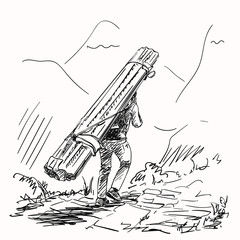 Sketch of nepali porter carrying heavy big load on his head in traditional way, Hand drawn illustration