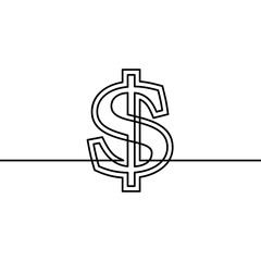 Continuous line drawing of dollar sign, Black and white vector minimalist illustration