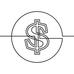 Continuous line drawing of dollar sign in circle, Black and white vector minimalist illustration