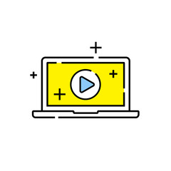 Laptop media play line icon. Notebook video symbol. Computer screen multimedia player sign. Vector illustration.