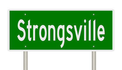 Rendering of a green highway sign for Strongsville Ohio