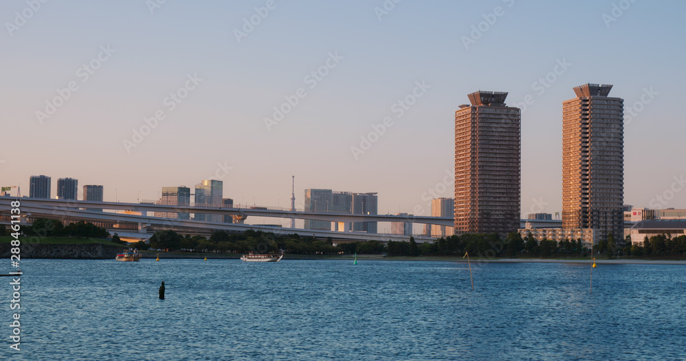 Wall mural Odaiba city landscape in the sunset time