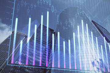 Forex chart on cityscape with skyscrapers wallpaper multi exposure. Financial research concept.