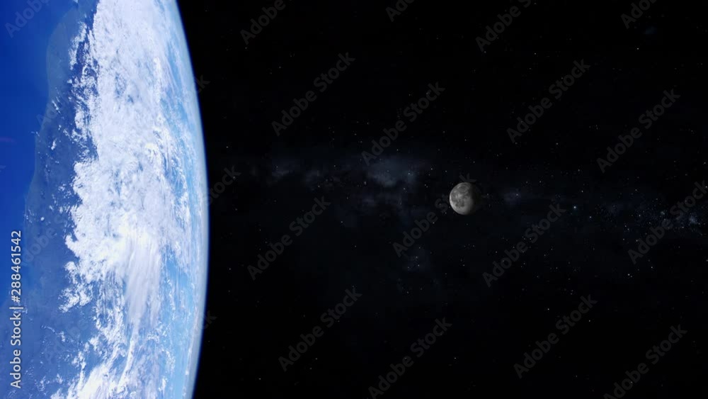 Wall mural earth view from space day light blue ocean and clouds on the left, moon rotating and milky way in ba