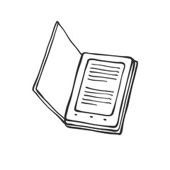 Vector open digital book sketch contour doodle black white illustration.