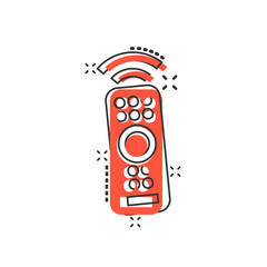 Remote control icon in comic style. Infrared controller vector cartoon illustration on white isolated background. Tv keypad business concept splash effect.