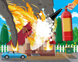 Wooden house burns fire in cottage. Extinguish fire in home. Fireman hand with fire extinguisher. Property insurance. Nature landscape. Natural disaster concept. Vector illustration in flat style