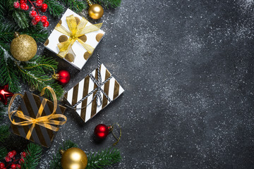 Christmas background - red, Gold and silver decorations and pres