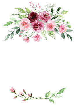 Greeting card template with watercolor flowers, floral frame with pink roses, illustration hand painted. Isolated on white background. 