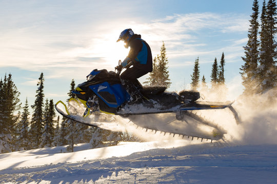 Snowmobile jump in backlight. Gold plumes and whirlwinds from a snowmobile in a jump among the mountain forest. Side view of a snowmobile in a jump. super quality stock photo