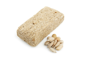 Sunflower halva isolated on white background. Sweet halva dessert slices.