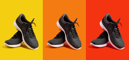 Sport shoes isolated on a colored background: yellow, orange, red. Black sneakers running shoes. Casual shoes. Youth style. Shoes for fitness, running, yoga.