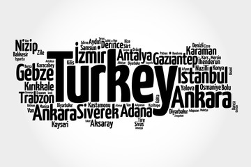 List of cities in Turkey, map silhouette word cloud, business and travel concept background