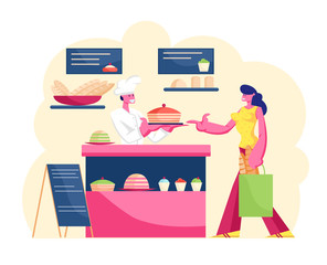 Young Woman Customer Buying Pastry in Bakery Shop with Different Production on Showcase Ordering at Counter Desk. Baker in White Uniform Giving to Girl Big Sweet Cake. Cartoon Flat Vector Illustration