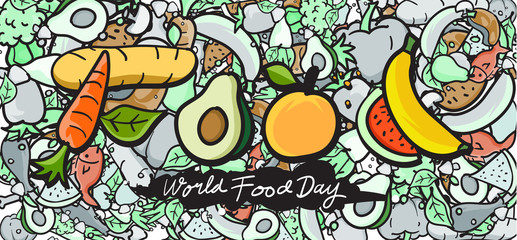 World Food Day Banner Vector Illustration Various Food, Fruits, and Vegetables. Vector Colorful Lettering Food Doodle  Illustration for Website, Landing Page, Banner, Poster, Print, Story.