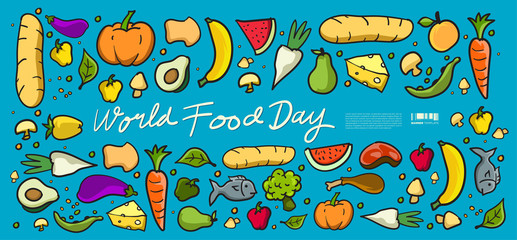 World Food Day Banner Vector Illustration Various Food, Fruits, and Vegetables. Vector Colourful  Doodle Food Illustration for Website, Landing Page, Banner, Poster, Print, Story.