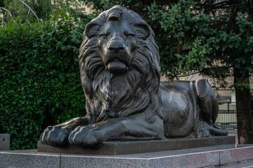 Krasnoyarsk/ Russia - August 02, 2019: Sculpture of the Lion at the Theater Square of the city of Krasnoyarsk